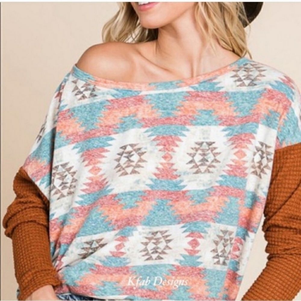 Color Block Aztec Print Relaxed Fit Thermal Top Sz L - Picture 5 of 9